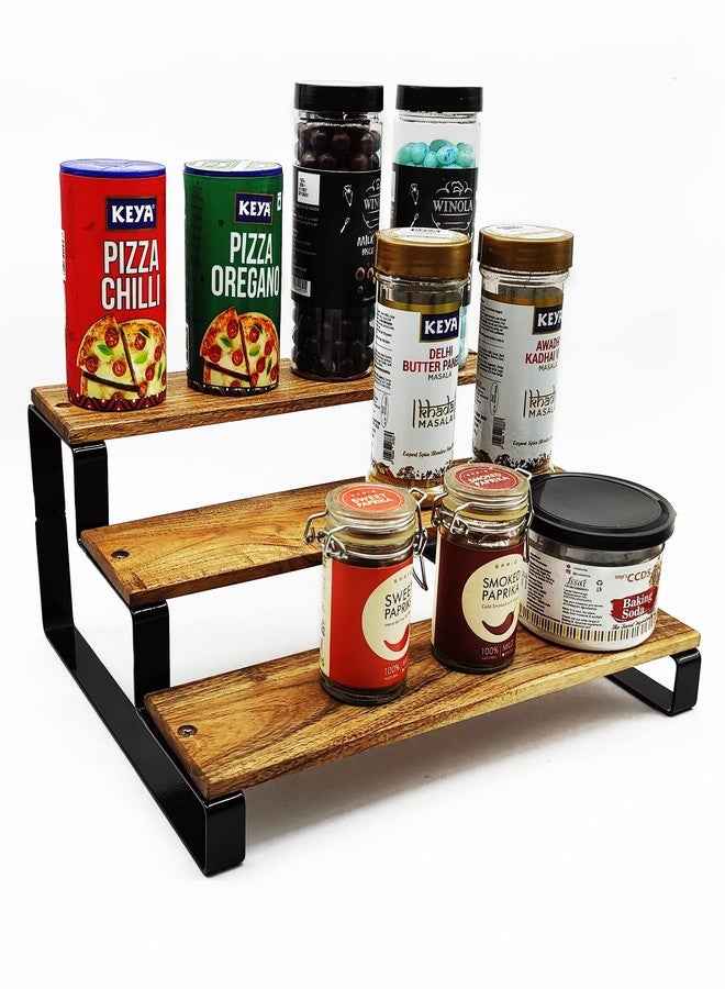 appeasy Kitchen Space Organizer 3 Step Modern Shelf Pantry Kitchen Countertop Stand Rack Organizer for Cabinet Shelf Kitchen Spice Rack, Utensil Holder (Metal &Wood, Tiered Shelf)(26D x 30W x 13H CM) - Image 2